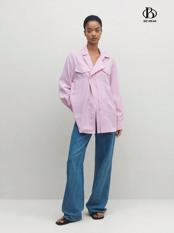 BIZwear Women's Casual Striped Printed Drop Shoulder Casual Long Sleeve Shirt BIZwear Women's Casual Striped Printed Drop Shoulder Casual Long Sleeve Shirt