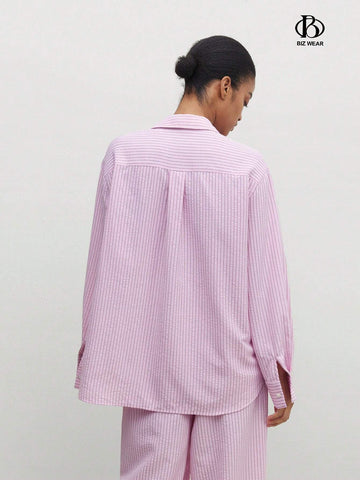 BIZwear Women's Casual Striped Printed Drop Shoulder Casual Long Sleeve Shirt BIZwear Women's Casual Striped Printed Drop Shoulder Casual Long Sleeve Shirt