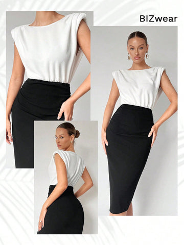 BIZwear Women's Color Block Bodycon Dress With Padded Shoulder And Pleats BIZwear Women's Color Block Bodycon Dress With Padded Shoulder And Pleats