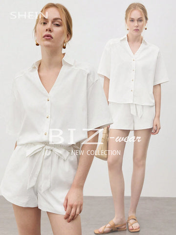 Women's V-Neck Shirt & Tie Waist Shorts Set Women's V-Neck Shirt & Tie Waist Shorts Set