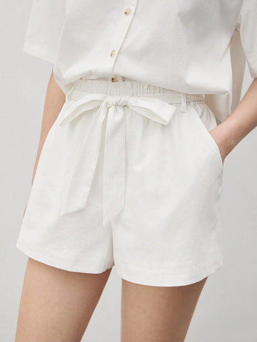 Women's V-Neck Shirt & Tie Waist Shorts Set Women's V-Neck Shirt & Tie Waist Shorts Set