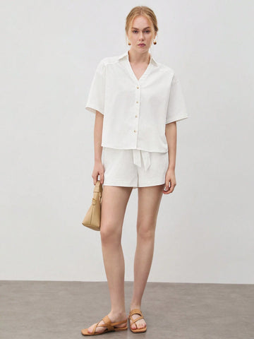 Women's V-Neck Shirt & Tie Waist Shorts Set Women's V-Neck Shirt & Tie Waist Shorts Set