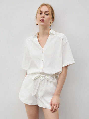 Women's V-Neck Shirt & Tie Waist Shorts Set Women's V-Neck Shirt & Tie Waist Shorts Set