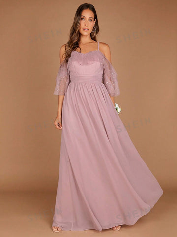 1pc Cold Shoulder Ruffle Trim Chiffon Bridesmaid Dress 1pc Cold Shoulder Ruffle Trim Chiffon Bridesmaid Dress