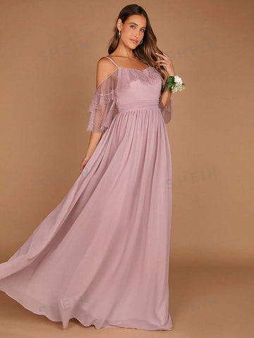 1pc Cold Shoulder Ruffle Trim Chiffon Bridesmaid Dress 1pc Cold Shoulder Ruffle Trim Chiffon Bridesmaid Dress