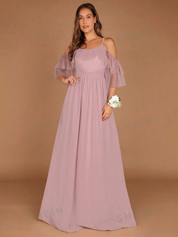1pc Cold Shoulder Ruffle Trim Chiffon Bridesmaid Dress 1pc Cold Shoulder Ruffle Trim Chiffon Bridesmaid Dress