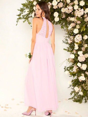 1pc Guipure Lace Insert Split Thigh Halter Neck Bridesmaid Dress 1pc Guipure Lace Insert Split Thigh Halter Neck Bridesmaid Dress
