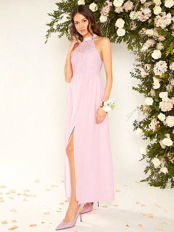 1pc Guipure Lace Insert Split Thigh Halter Neck Bridesmaid Dress 1pc Guipure Lace Insert Split Thigh Halter Neck Bridesmaid Dress