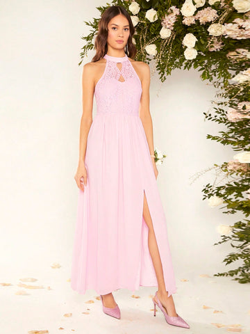 1pc Guipure Lace Insert Split Thigh Halter Neck Bridesmaid Dress 1pc Guipure Lace Insert Split Thigh Halter Neck Bridesmaid Dress