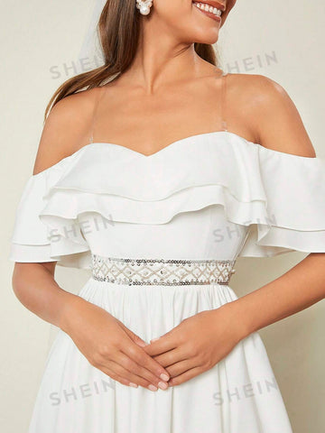 1pc Off Shoulder Ruffle Trim Wedding Dress 1pc Off Shoulder Ruffle Trim Wedding Dress