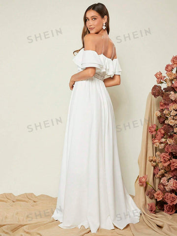1pc Off Shoulder Ruffle Trim Wedding Dress 1pc Off Shoulder Ruffle Trim Wedding Dress