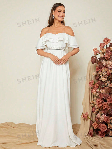 1pc Off Shoulder Ruffle Trim Wedding Dress 1pc Off Shoulder Ruffle Trim Wedding Dress