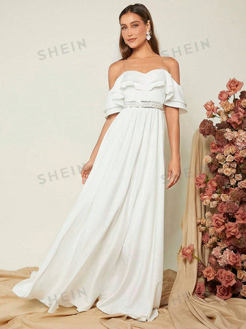 1pc Off Shoulder Ruffle Trim Wedding Dress 1pc Off Shoulder Ruffle Trim Wedding Dress