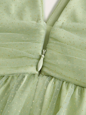 1pc Plunging Neck Ruched Bust Mesh Overlay Bridesmaid Dress 1pc Plunging Neck Ruched Bust Mesh Overlay Bridesmaid Dress