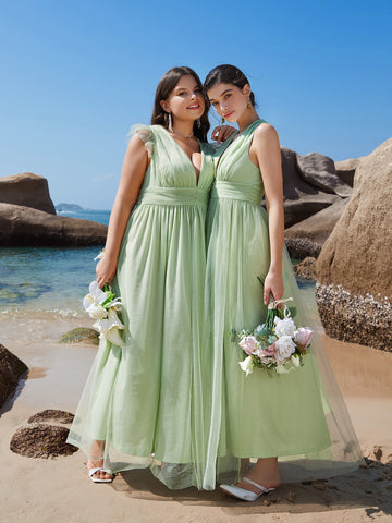 1pc Plunging Neck Ruched Bust Mesh Overlay Bridesmaid Dress 1pc Plunging Neck Ruched Bust Mesh Overlay Bridesmaid Dress