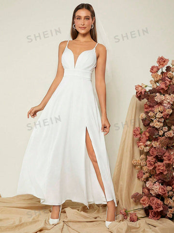 1pc Solid Split Thigh Cami Wedding Dress 1pc Solid Split Thigh Cami Wedding Dress