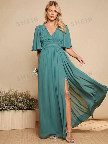1pc Split Sleeve Split Thigh Chiffon Bridesmaid Dress 1pc Split Sleeve Split Thigh Chiffon Bridesmaid Dress