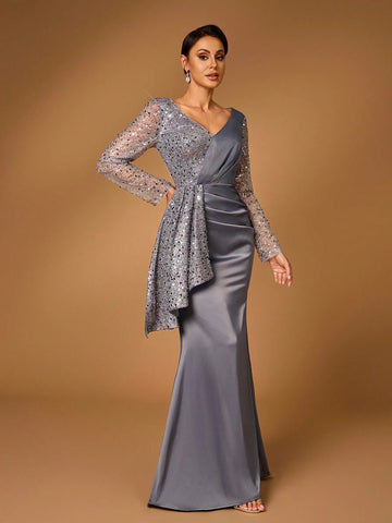 Elegant And Gorgeous Dark Gray Luxury Embroidered Lace Stitching Satin Pleated Long Sleeve Fishtail Dress Suitable For Wedding Events Bachelorette Party Holiday Prom Dinner Mother Of The Bride Dress Elegant And Gorgeous Dark Gray Luxury Embroidered Lace Stitching Satin Pleated Long Sleeve Fishtail Dress Suitable For Wedding Events Bachelorette Party Holiday Prom Dinner Mother Of The Bride Dress