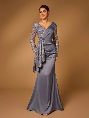 Elegant And Gorgeous Dark Gray Luxury Embroidered Lace Stitching Satin Pleated Long Sleeve Fishtail Dress Suitable For Wedding Events Bachelorette Party Holiday Prom Dinner Mother Of The Bride Dress Elegant And Gorgeous Dark Gray Luxury Embroidered Lace Stitching Satin Pleated Long Sleeve Fishtail Dress Suitable For Wedding Events Bachelorette Party Holiday Prom Dinner Mother Of The Bride Dress