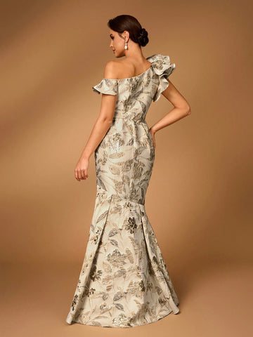 Elegant And Gorgeous Golden Jacquard Satin Oblique Shoulder Asymmetric Ruffled Fishtail Shape Suitable For Wedding Events Evening Party Prom Party Mother Of The Bride Dress Heavy Industry Evening Dress Elegant And Gorgeous Golden Jacquard Satin Oblique Shoulder Asymmetric Ruffled Fishtail Shape Suitable For Wedding Events Evening Party Prom Party Mother Of The Bride Dress Heavy Industry Evening Dress