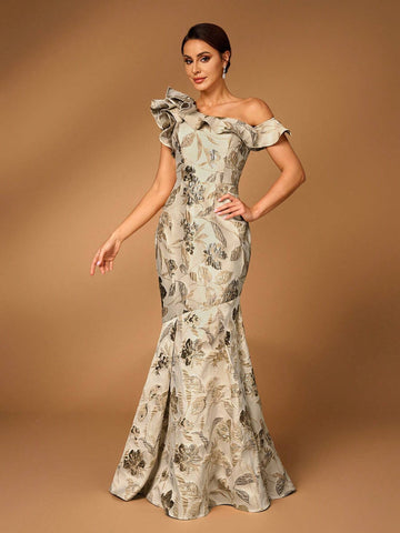 Elegant And Gorgeous Golden Jacquard Satin Oblique Shoulder Asymmetric Ruffled Fishtail Shape Suitable For Wedding Events Evening Party Prom Party Mother Of The Bride Dress Heavy Industry Evening Dress Elegant And Gorgeous Golden Jacquard Satin Oblique Shoulder Asymmetric Ruffled Fishtail Shape Suitable For Wedding Events Evening Party Prom Party Mother Of The Bride Dress Heavy Industry Evening Dress