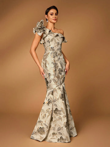 Elegant And Gorgeous Golden Jacquard Satin Oblique Shoulder Asymmetric Ruffled Fishtail Shape Suitable For Wedding Events Evening Party Prom Party Mother Of The Bride Dress Heavy Industry Evening Dress Elegant And Gorgeous Golden Jacquard Satin Oblique Shoulder Asymmetric Ruffled Fishtail Shape Suitable For Wedding Events Evening Party Prom Party Mother Of The Bride Dress Heavy Industry Evening Dress