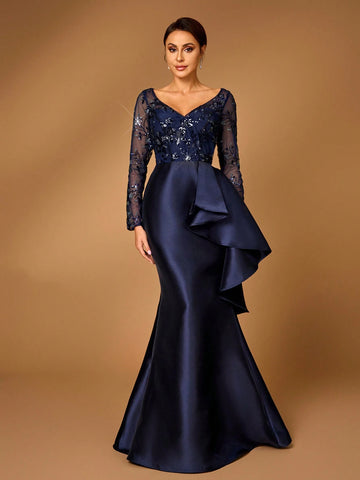 Elegant And Gorgeous Navy Blue Satin Stitching Luxury Sequin Embroidery V-Neck See-Through Long-Sleeved Fishtail Stitching Asymmetric Pieces Suitable For Mom To Attend Wedding Party Party Prom Bride Mother Dress Evening Dress Elegant And Gorgeous Navy Blue Satin Stitching Luxury Sequin Embroidery V-Neck See-Through Long-Sleeved Fishtail Stitching Asymmetric Pieces Suitable For Mom To Attend Wedding Party Party Prom Bride Mother Dress Evening Dress