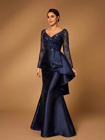 Elegant And Gorgeous Navy Blue Satin Stitching Luxury Sequin Embroidery V-Neck See-Through Long-Sleeved Fishtail Stitching Asymmetric Pieces Suitable For Mom To Attend Wedding Party Party Prom Bride Mother Dress Evening Dress Elegant And Gorgeous Navy Blue Satin Stitching Luxury Sequin Embroidery V-Neck See-Through Long-Sleeved Fishtail Stitching Asymmetric Pieces Suitable For Mom To Attend Wedding Party Party Prom Bride Mother Dress Evening Dress