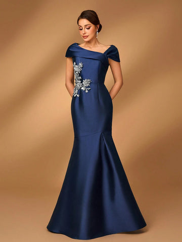 Elegant And Gorgeous One Shoulder Satin Mermaid With Floral Embroidered Lace Decorative Appliqué For Wedding, Engagement, Bachelorette Party, Prom, Mother Of The Bride Dinner Evening Dress Elegant And Gorgeous One Shoulder Satin Mermaid With Floral Embroidered Lace Decorative Appliqué For Wedding, Engagement, Bachelorette Party, Prom, Mother Of The Bride Dinner Evening Dress