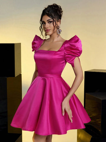 Elegant And Gorgeous Rose Red Square Neck Puff Sleeves Pleated Puff Skirt Suitable For Evening Bachelor Party Birthday Date Back To School Prom Dress Elegant And Gorgeous Rose Red Square Neck Puff Sleeves Pleated Puff Skirt Suitable For Evening Bachelor Party Birthday Date Back To School Prom Dress