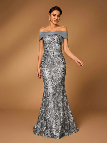 Elegant And Luxurious Dark Gray One Shoulder Embroidered Lace Paneled Satin Fabric With Detachable Belt, Perfect For Wedding Events, Bachelorette Parties, Holidays, Prom, Mother Of The Bride Evening Dress Elegant And Luxurious Dark Gray One Shoulder Embroidered Lace Paneled Satin Fabric With Detachable Belt, Perfect For Wedding Events, Bachelorette Parties, Holidays, Prom, Mother Of The Bride Evening Dress