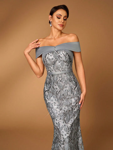 Elegant And Luxurious Dark Gray One Shoulder Embroidered Lace Paneled Satin Fabric With Detachable Belt, Perfect For Wedding Events, Bachelorette Parties, Holidays, Prom, Mother Of The Bride Evening Dress Elegant And Luxurious Dark Gray One Shoulder Embroidered Lace Paneled Satin Fabric With Detachable Belt, Perfect For Wedding Events, Bachelorette Parties, Holidays, Prom, Mother Of The Bride Evening Dress