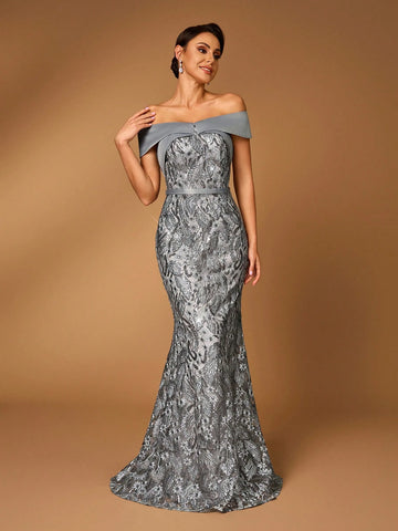 Elegant And Luxurious Dark Gray One Shoulder Embroidered Lace Paneled Satin Fabric With Detachable Belt, Perfect For Wedding Events, Bachelorette Parties, Holidays, Prom, Mother Of The Bride Evening Dress Elegant And Luxurious Dark Gray One Shoulder Embroidered Lace Paneled Satin Fabric With Detachable Belt, Perfect For Wedding Events, Bachelorette Parties, Holidays, Prom, Mother Of The Bride Evening Dress