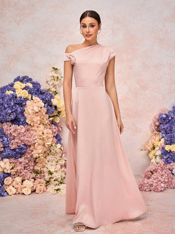 Elegant And Romantic Champagne Pink Satin Asymmetric One-Shoulder Pleated Three-Dimensional Rose Decorated Sleeves A-Line Hem Suitable For Dates, Vacations, Romantic Wedding Bridesmaid Dresses Elegant And Romantic Champagne Pink Satin Asymmetric One-Shoulder Pleated Three-Dimensional Rose Decorated Sleeves A-Line Hem Suitable For Dates, Vacations, Romantic Wedding Bridesmaid Dresses