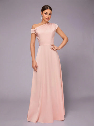Elegant And Romantic Champagne Pink Satin Asymmetric One-Shoulder Pleated Three-Dimensional Rose Decorated Sleeves A-Line Hem Suitable For Dates, Vacations, Romantic Wedding Bridesmaid Dresses Elegant And Romantic Champagne Pink Satin Asymmetric One-Shoulder Pleated Three-Dimensional Rose Decorated Sleeves A-Line Hem Suitable For Dates, Vacations, Romantic Wedding Bridesmaid Dresses