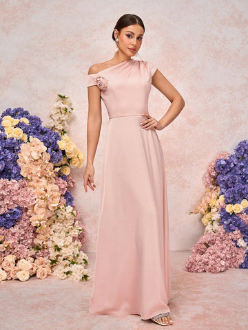 Elegant And Romantic Champagne Pink Satin Asymmetric One-Shoulder Pleated Three-Dimensional Rose Decorated Sleeves A-Line Hem Suitable For Dates, Vacations, Romantic Wedding Bridesmaid Dresses Elegant And Romantic Champagne Pink Satin Asymmetric One-Shoulder Pleated Three-Dimensional Rose Decorated Sleeves A-Line Hem Suitable For Dates, Vacations, Romantic Wedding Bridesmaid Dresses