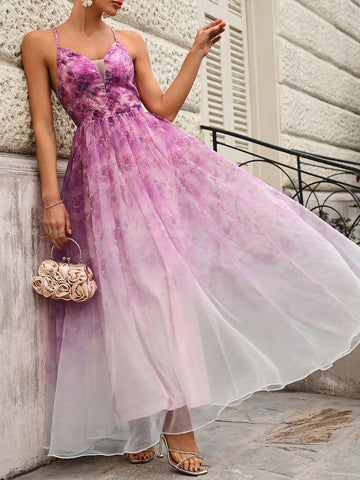 Elegant And Romantic Floral Printed Mesh Spaghetti Strap Wedding Dress With Lace Insert Elegant And Romantic Floral Printed Mesh Spaghetti Strap Wedding Dress With Lace Insert