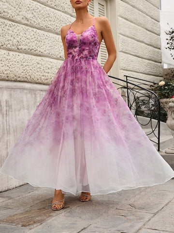 Elegant And Romantic Floral Printed Mesh Spaghetti Strap Wedding Dress With Lace Insert Elegant And Romantic Floral Printed Mesh Spaghetti Strap Wedding Dress With Lace Insert