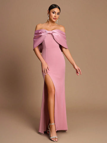 Elegant And Romantic Pink One-Shoulder Large Bow Sleeves Slim Fishtail High Slit Suitable For Date Wedding Event Bridesmaid Dress Elegant And Romantic Pink One-Shoulder Large Bow Sleeves Slim Fishtail High Slit Suitable For Date Wedding Event Bridesmaid Dress