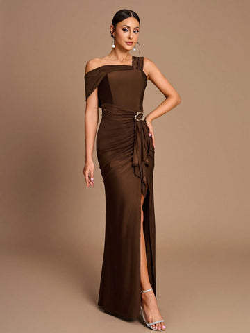 Elegant Brown Elastic Knitted Irregular Shape Collar Gathered Metal Buckles Spliced Ruffle High Slit Slim Fishtail Hem Suitable For Various Occasions Date Wedding Bridesmaid Dress Elegant Brown Elastic Knitted Irregular Shape Collar Gathered Metal Buckles Spliced Ruffle High Slit Slim Fishtail Hem Suitable For Various Occasions Date Wedding Bridesmaid Dress