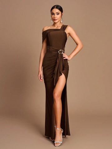 Elegant Brown Elastic Knitted Irregular Shape Collar Gathered Metal Buckles Spliced Ruffle High Slit Slim Fishtail Hem Suitable For Various Occasions Date Wedding Bridesmaid Dress Elegant Brown Elastic Knitted Irregular Shape Collar Gathered Metal Buckles Spliced Ruffle High Slit Slim Fishtail Hem Suitable For Various Occasions Date Wedding Bridesmaid Dress