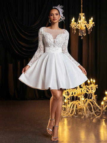 Elegant, Gorgeous And Luxurious White Floral Lace Spliced Long Sleeves, Stretch Lace Pattern With Satin Gathered Hem, Suitable For Solo Parties, Weddings, Graduations, Holiday Bridal Showers, Wedding Dresses Elegant, Gorgeous And Luxurious White Floral Lace Spliced Long Sleeves, Stretch Lace Pattern With Satin Gathered Hem, Suitable For Solo Parties, Weddings, Graduations, Holiday Bridal Showers, Wedding Dresses