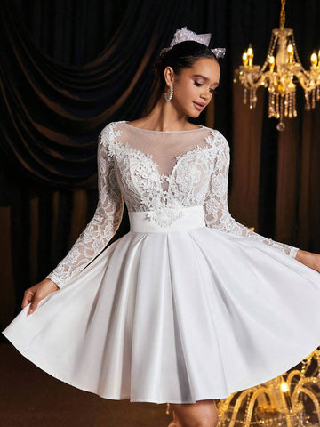 Elegant, Gorgeous And Luxurious White Floral Lace Spliced Long Sleeves, Stretch Lace Pattern With Satin Gathered Hem, Suitable For Solo Parties, Weddings, Graduations, Holiday Bridal Showers, Wedding Dresses Elegant, Gorgeous And Luxurious White Floral Lace Spliced Long Sleeves, Stretch Lace Pattern With Satin Gathered Hem, Suitable For Solo Parties, Weddings, Graduations, Holiday Bridal Showers, Wedding Dresses