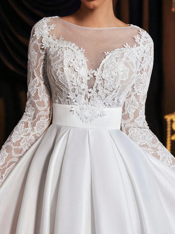 Elegant, Gorgeous And Luxurious White Floral Lace Spliced Long Sleeves, Stretch Lace Pattern With Satin Gathered Hem, Suitable For Solo Parties, Weddings, Graduations, Holiday Bridal Showers, Wedding Dresses Elegant, Gorgeous And Luxurious White Floral Lace Spliced Long Sleeves, Stretch Lace Pattern With Satin Gathered Hem, Suitable For Solo Parties, Weddings, Graduations, Holiday Bridal Showers, Wedding Dresses