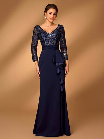 Elegant Gorgeous Navy Lace Blue Sheer Long Sleeve Luxurious Beads And Sequins Patchwork Stretch Knit Waist Ruffle Bow Design Mermaid Mermaid Train Suitable For Wedding Events Bachelorette Party Holiday Prom Mother Of The Bride Evening Gown Elegant Gorgeous Navy Lace Blue Sheer Long Sleeve Luxurious Beads And Sequins Patchwork Stretch Knit Waist Ruffle Bow Design Mermaid Mermaid Train Suitable For Wedding Events Bachelorette Party Holiday Prom Mother Of The Bride Evening Gown