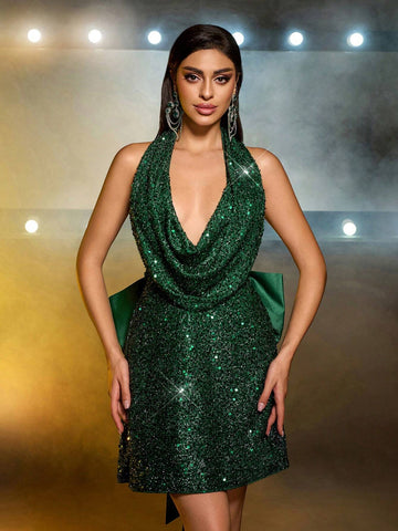 Elegant Green Luxurious Pearl Sequin Splicing Satin Halter Backless Short Bodycon Dress, Detachable Bow Tie, Suitable For Dates, Singles Parties, Weddings, Birthday Parties, Receptions Elegant Green Luxurious Pearl Sequin Splicing Satin Halter Backless Short Bodycon Dress, Detachable Bow Tie, Suitable For Dates, Singles Parties, Weddings, Birthday Parties, Receptions