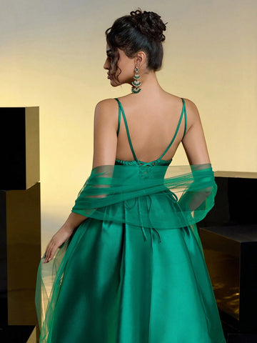 Elegant Green Satin Slip Dress With A-Line Silhouette, Real Pockets, Sheer Mesh Hem Panels, Adjustable Back Tie (Detachable Mesh Capelet), Suitable For Formal Occasion Elegant Green Satin Slip Dress With A-Line Silhouette, Real Pockets, Sheer Mesh Hem Panels, Adjustable Back Tie (Detachable Mesh Capelet), Suitable For Formal Occasion