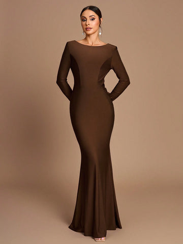 Elegant High-End Brown Stretch Material Round Neck, Long Sleeves, Slim Fit Fishtail, Backless Swing Collar, Pearl Chain Decoration, Suitable For Various Occasions, Date, Wedding, Bridesmaid Dress Elegant High-End Brown Stretch Material Round Neck, Long Sleeves, Slim Fit Fishtail, Backless Swing Collar, Pearl Chain Decoration, Suitable For Various Occasions, Date, Wedding, Bridesmaid Dress