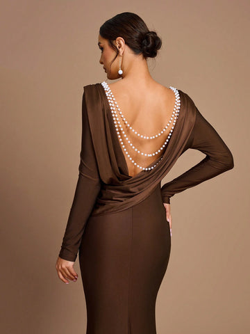 Elegant High-End Brown Stretch Material Round Neck, Long Sleeves, Slim Fit Fishtail, Backless Swing Collar, Pearl Chain Decoration, Suitable For Various Occasions, Date, Wedding, Bridesmaid Dress Elegant High-End Brown Stretch Material Round Neck, Long Sleeves, Slim Fit Fishtail, Backless Swing Collar, Pearl Chain Decoration, Suitable For Various Occasions, Date, Wedding, Bridesmaid Dress