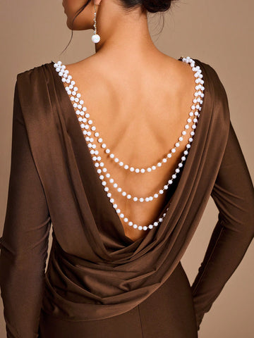 Elegant High-End Brown Stretch Material Round Neck, Long Sleeves, Slim Fit Fishtail, Backless Swing Collar, Pearl Chain Decoration, Suitable For Various Occasions, Date, Wedding, Bridesmaid Dress Elegant High-End Brown Stretch Material Round Neck, Long Sleeves, Slim Fit Fishtail, Backless Swing Collar, Pearl Chain Decoration, Suitable For Various Occasions, Date, Wedding, Bridesmaid Dress